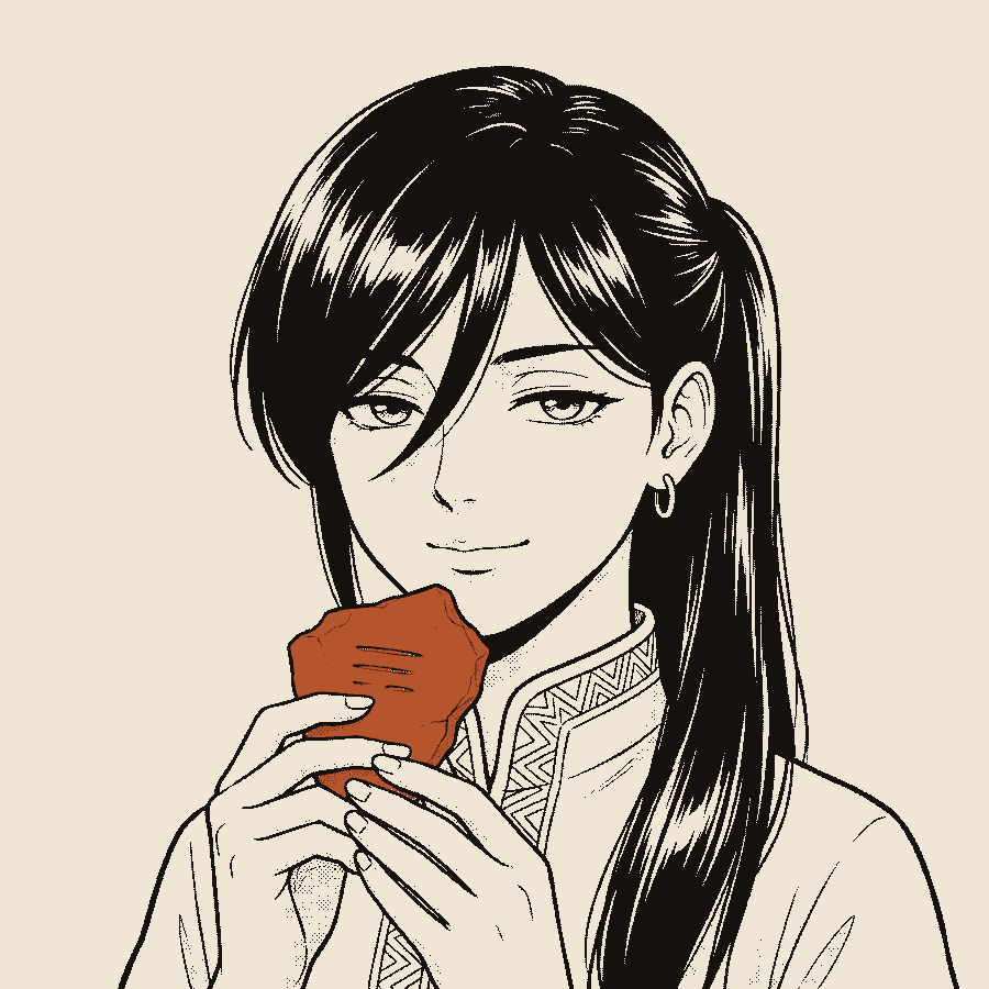 Osra, the receipt-keeper, holding a clay shard